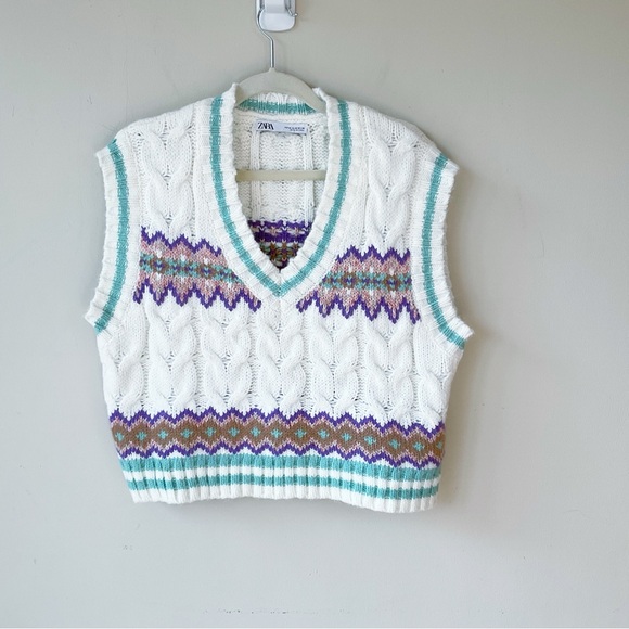 Zara Cable Knit Fair Isle Print Sweater Vest Size M - Picture 4 of 9